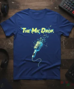 The Mic Drop t-shirt design with a vintage microphone exploding into geometric shapes and pixelated text