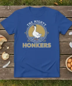 The Mighty Honkers design on a blue t-shirt, featuring a white goose wearing a hat with wavy water below