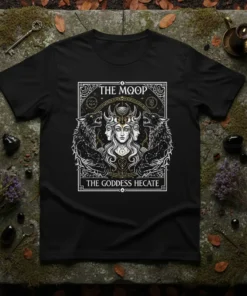 The Moqop The Goddess Hecate t-shirt design featuring a central triple-faced goddess flanked by wolves, with celestial symbols and ornate