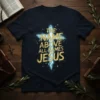 Christian t-shirt with gold glitter text "The Name Above All Names Jesus" over a glowing blue cross graphic