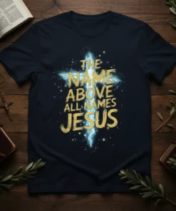 Christian t-shirt with gold glitter text "The Name Above All Names Jesus" over a glowing blue cross graphic