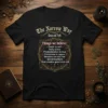 T-shirt with "The Narrow Way Grace and Truth Things we believe" text listing core Christian beliefs like Death to self