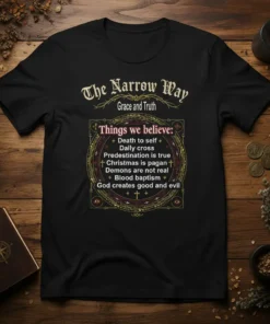 T-shirt with "The Narrow Way Grace and Truth Things we believe" text listing core Christian beliefs like Death to self