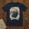 The Night's Guard t-shirt design shows a knight on a black cat, with a castle and flag in a fantasy
