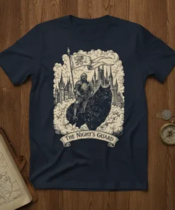 The Night's Guard t-shirt design shows a knight on a black cat, with a castle and flag in a fantasy