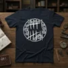 Navy t-shirt with white graphic of the number 11 represented by tally marks and gears inside a circle