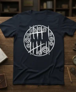 Navy t-shirt with white graphic of the number 11 represented by tally marks and gears inside a circle