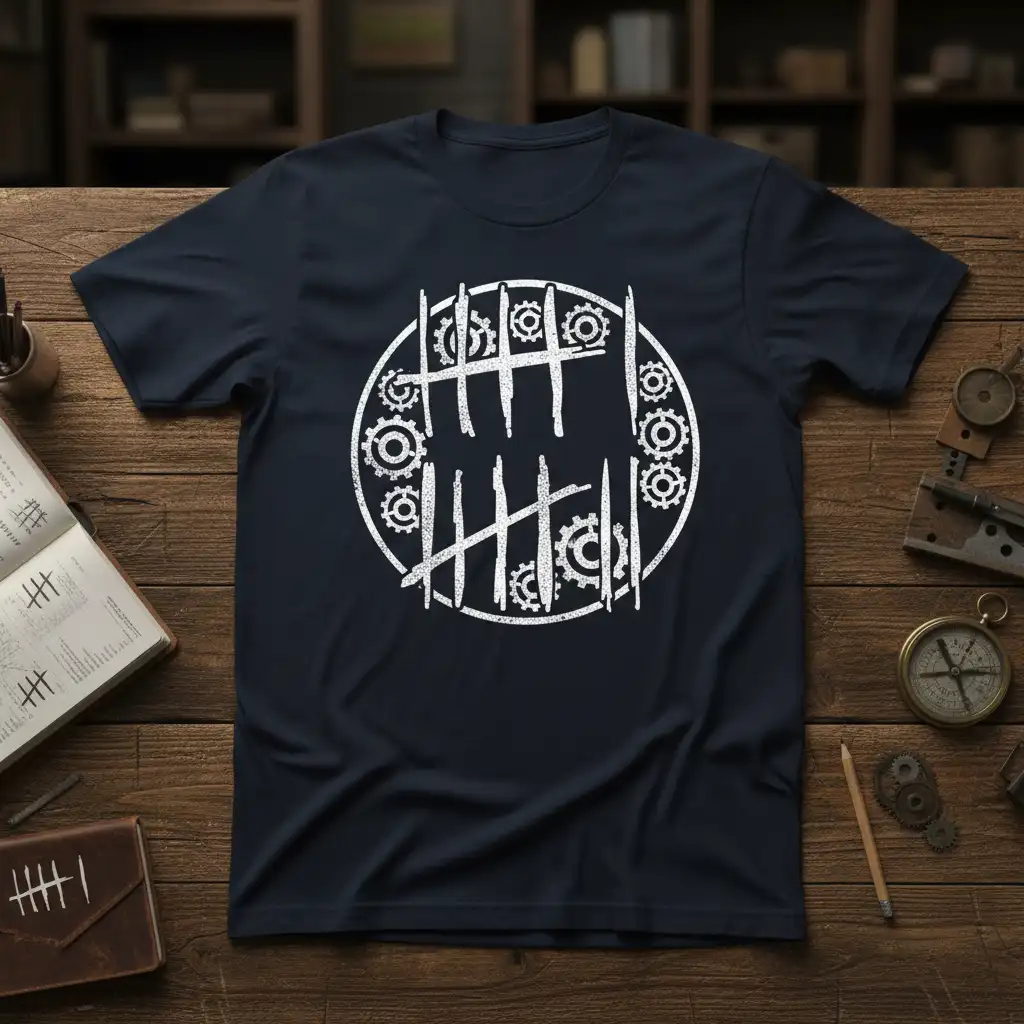 Number 11 design with tally marks and gears on a navy blue t-shirt