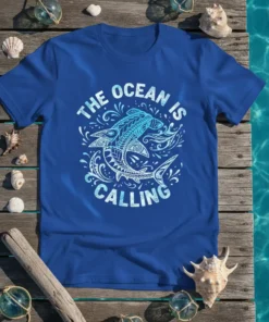 The Ocean Is Calling t-shirt design with a stylized shark and wave graphics, featuring white and blue tribal patterns