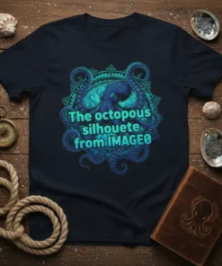 The octopous silhouete from IMAGEØ text design with a blue and teal octopus graphic on a navy t-shirt