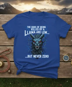 The Odds Of Being Killed By A Llama Are Low But Never Zero t-shirt featuring a fierce llama graphic and