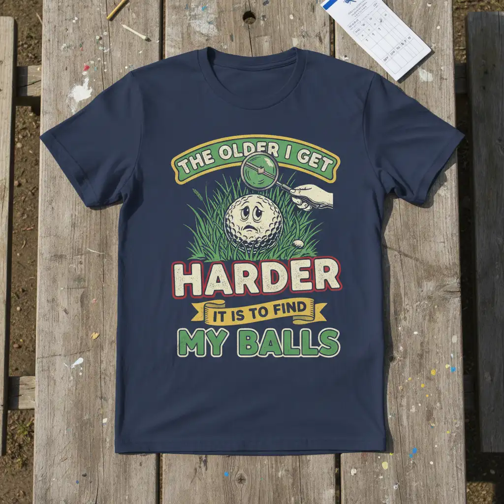 The Older I Get Harder It Is To Find My Balls humorous golf quote on a navy t-shirt graphic