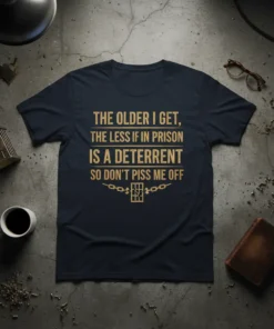 Dark t-shirt with gold text quote "The Older I Get, The Less If In Prison Is A Deterrent So Don't