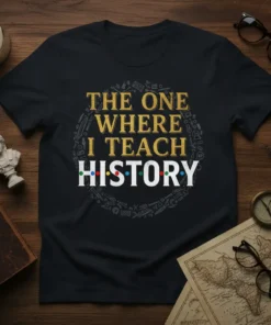 The One Where I Teach History quote on a black t-shirt, surrounded by small historical icons, ideal for teachers