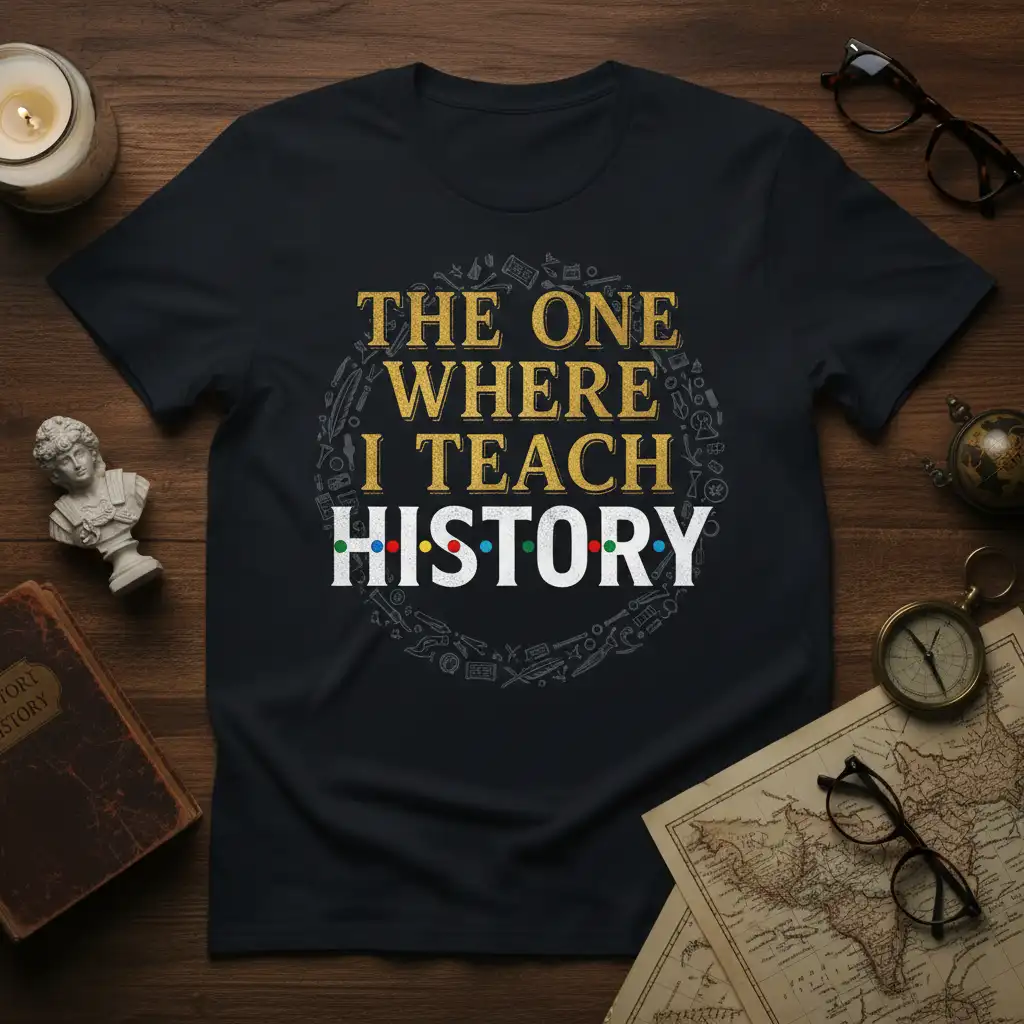 The One Where I Teach History quote tee design with historical icons and vibrant text, perfect for educators
