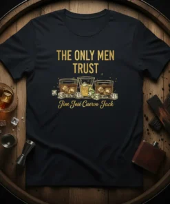The Only Men Trust Jim José Cuervo Jack quote on a black t-shirt with whiskey and tequila glasses graphic