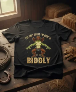The Only Squat I'm Doin' Is Biddly text on a t-shirt with a cowboy frog graphic