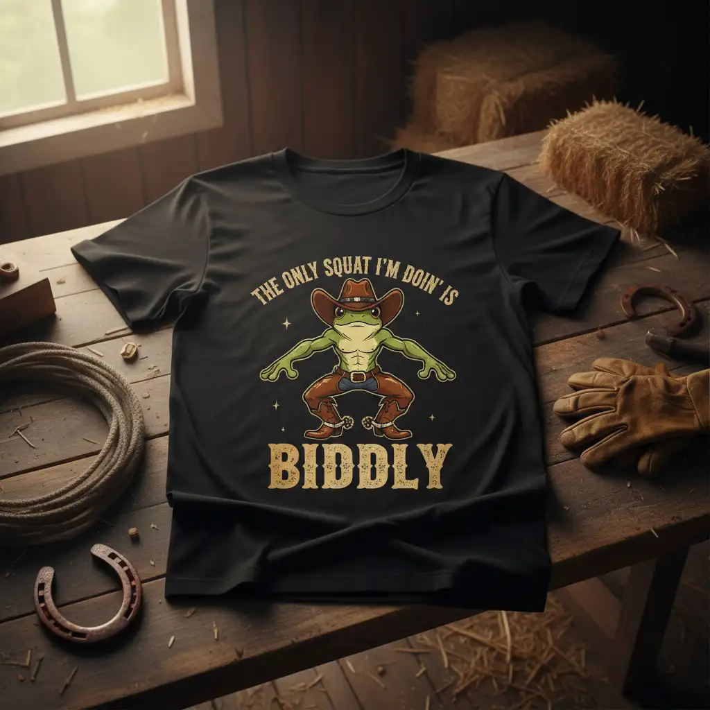 The Only Squat I'm Doin' Is Biddly text with cowboy frog graphic on a black t-shirt