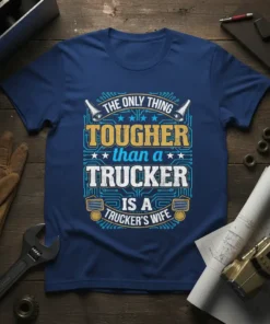 T-shirt design with text "The Only Thing Tougher than a Trucker is a Trucker's Wife" in bold blue and yellow