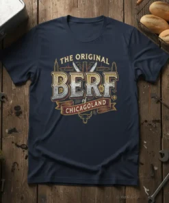 The Original Berf of Chicagoland text design on a navy t-shirt with vintage distressed lettering and Chicago skyline graphics