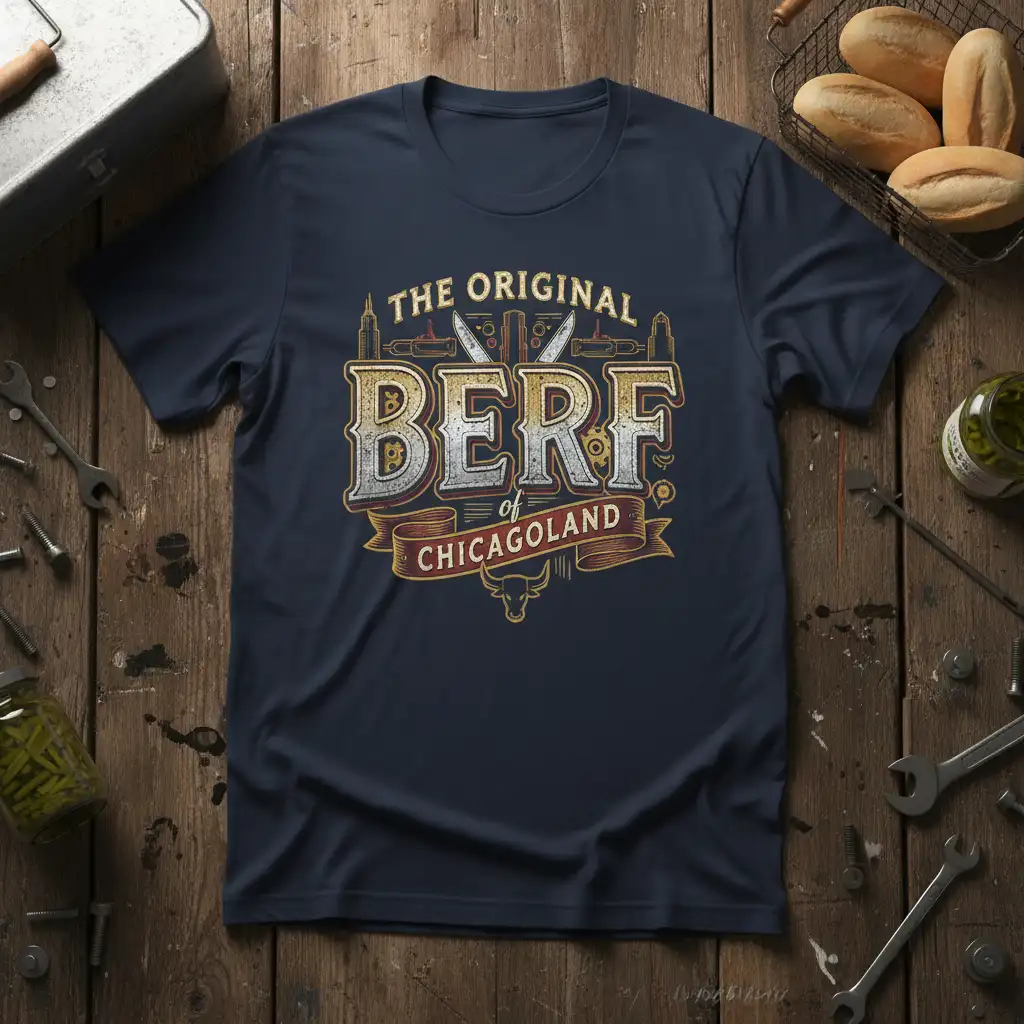 The Original Berf of Chicagoland text and graphics on a navy blue t-shirt, celebrating Chicago's iconic beef sandwich