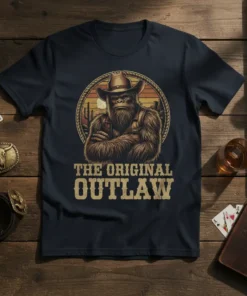 The Original Outlaw t-shirt design shows a Bigfoot wearing a cowboy hat and vest, with western desert background