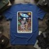 The Overthinker skeleton sitting among flowers and planets, tarot card style t-shirt design