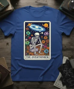 The Overthinker skeleton sitting among flowers and planets, tarot card style t-shirt design