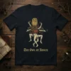 The Owl of Bosch t-shirt design featuring a mythological owl-human hybrid creature with multiple limbs and red fruit