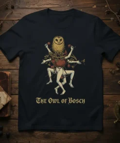 The Owl of Bosch t-shirt design featuring a mythological owl-human hybrid creature with multiple limbs and red fruit