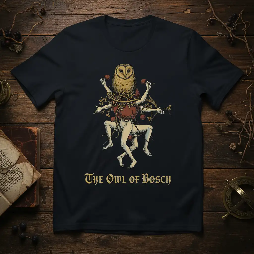 The Owl of Bosch mythological creature design with owl head and human body on dark t-shirt