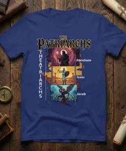 The Patriarchs Abraham Issac Jacob T-Shirt design featuring three panels of biblical figures and text