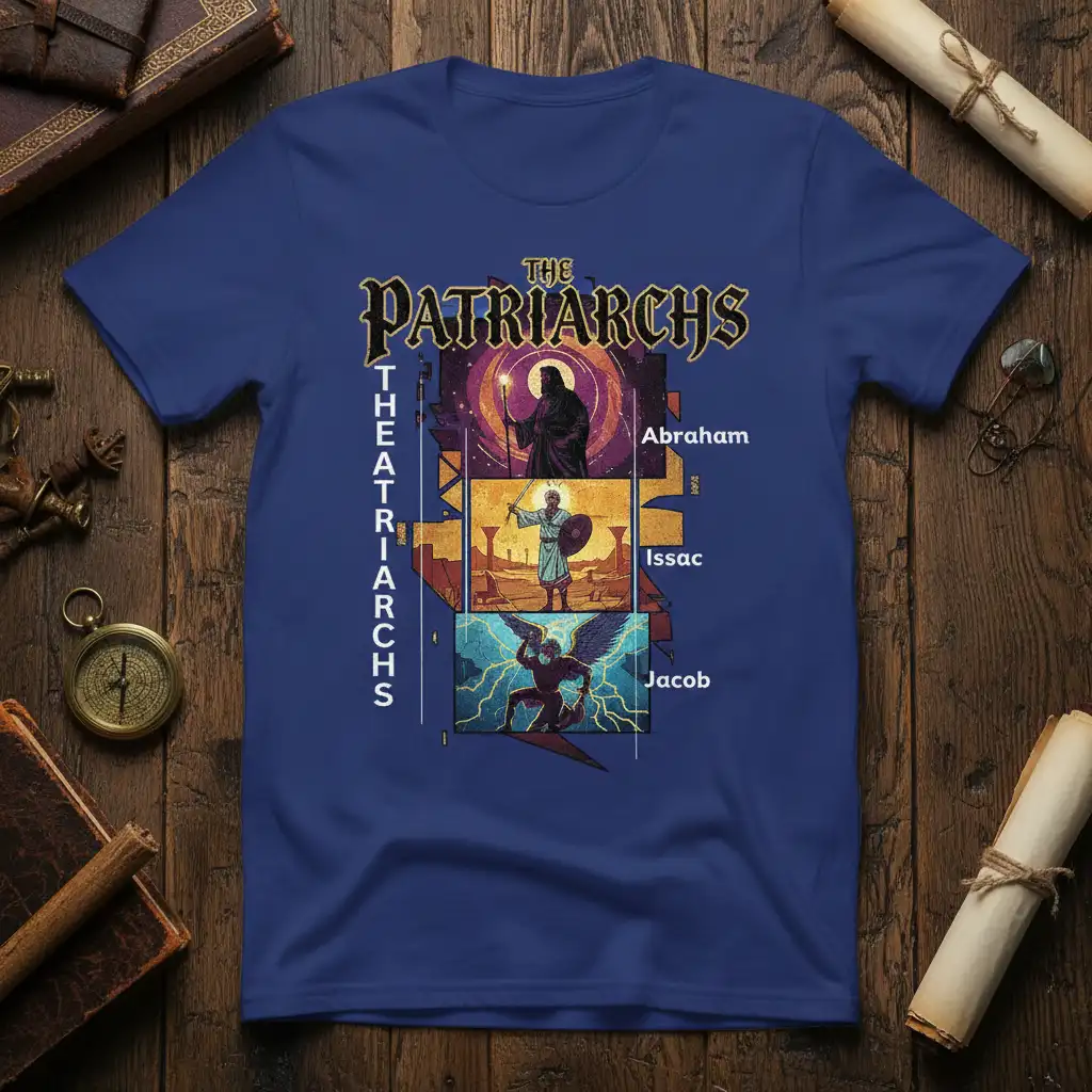 The Patriarchs Abraham Issac Jacob T-Shirt artwork with stylized text and three panels of figures