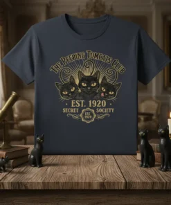 The Peeping Tomcats Club Est. 1920 Secret Society design on a dark t-shirt featuring three black cats and vintage text