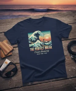 T-shirt with "THE PERFECT BREAK Ocean Harmony RIDE THE TIDE" text and a stylized surfing wave graphic at sunset