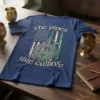 T-shirt with "The Pipes Are Calling" text and bagpipe graphic over an American flag with Irish colors