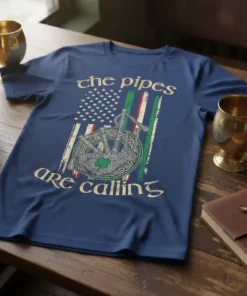 T-shirt with "The Pipes Are Calling" text and bagpipe graphic over an American flag with Irish colors