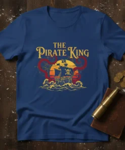 The Pirate King t-shirt design with a vintage pirate ship, kraken tentacles, compass, and ocean waves