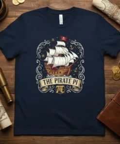 The Pirate Pi T-Shirt featuring a pirate ship graphic and the text "The Pirate Pi" with a pi symbol