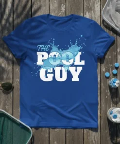 The Pool Guy text design with water splash graphic on a blue t-shirt, perfect for summer fun
