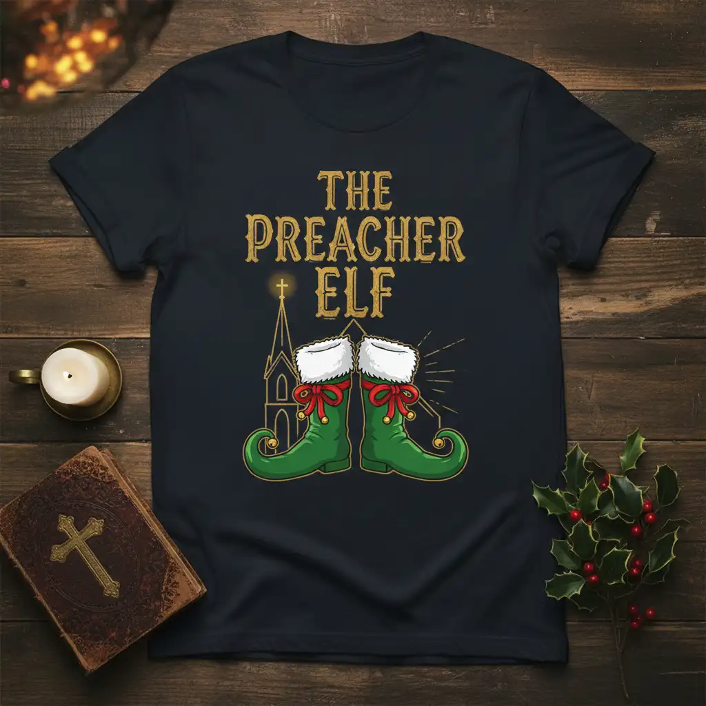 The Preacher Elf design with golden text and green elf boots with red bows, perfect for Christmas