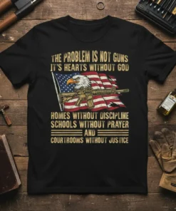 Black t-shirt with "The Problem Is Not Guns It's Hearts Without God Homes Without Discipline Schools Without Prayer And Courtrooms