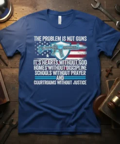 T-shirt with "The Problem Is Not Guns" text and an AR-15 graphic over the American flag