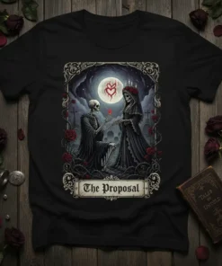 Gothic t-shirt design titled "The Proposal" with skeleton couple on bended knee under a full moon and heart symbol