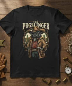 The Pugslinger t-shirt design featuring a pug dressed as a cowboy with guns and western elements