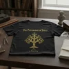Black t-shirt featuring "The Pythagorean Trees" text above a golden geometric tree illustration with a triangle diagram below