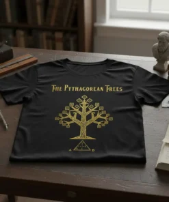 Black t-shirt featuring "The Pythagorean Trees" text above a golden geometric tree illustration with a triangle diagram below