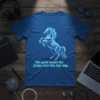 Geometric blue horse design with text "The quick brown fox jumps over the lazy dog" on a royal blue t-shirt