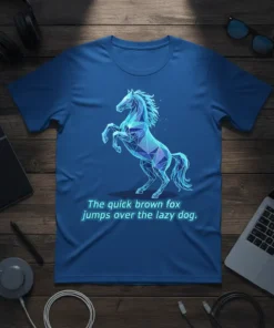 Geometric blue horse design with text "The quick brown fox jumps over the lazy dog" on a royal blue t-shirt