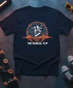 The Radical Flip graphic tee featuring a skateboarder mid-air with circuit board design and city skyline